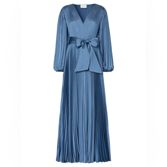 Milly Nadie Solid Pleated Maxi Dress Stone Blue Size 0 NWT - Picture 2 of 7